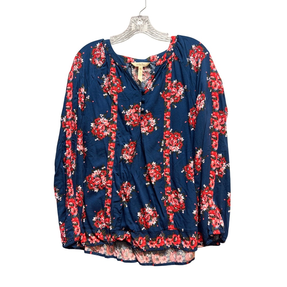 Matilda Jane Women Navy Blue Red Floral Long Sleeve Lace Trim Blouse Size M